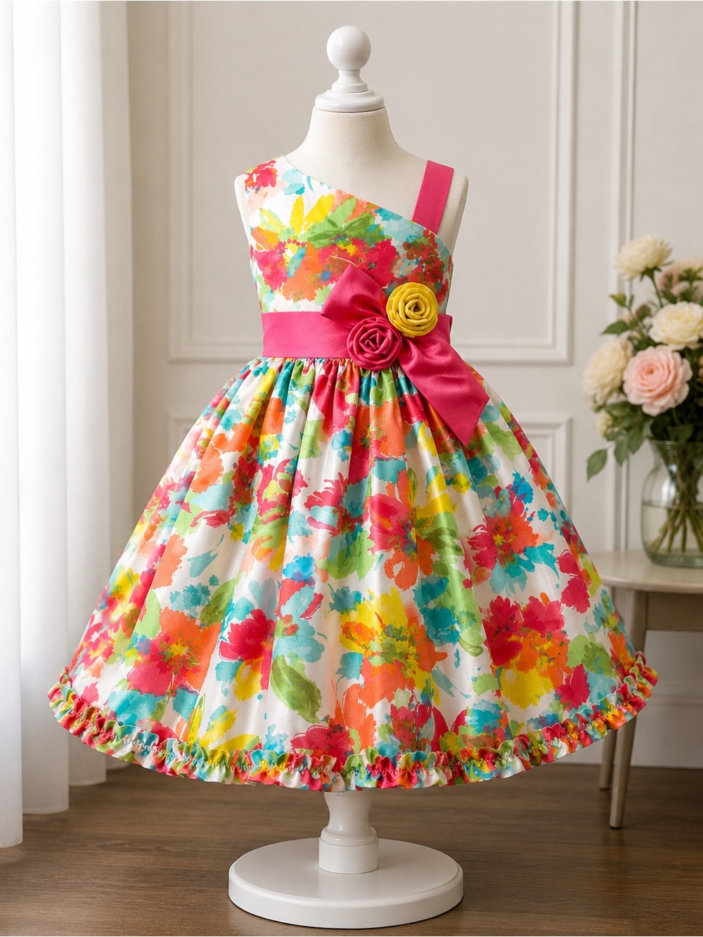 Jayne Copeland Girls Floral Satin Tea Party Dress Pink Rosette wedding size 10
